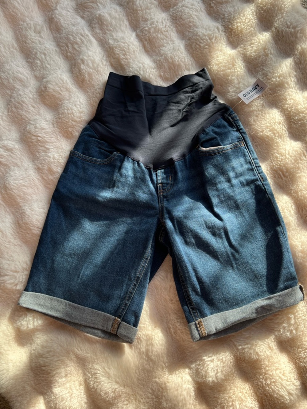 Old Navy Dark Blue Denim Maternity Bermuda Shorts with Black Waistband